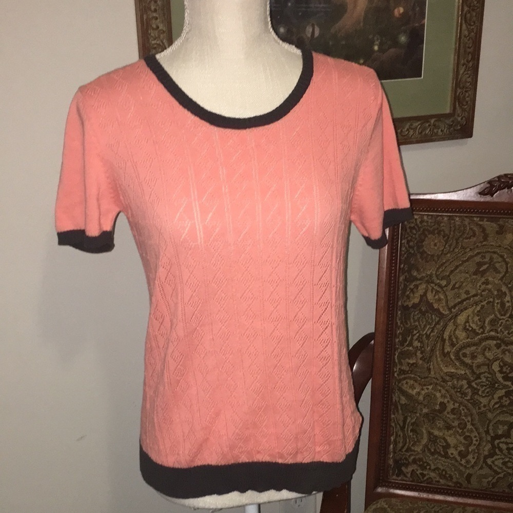 FIG peach pointelle sweater women’s large contrast short sleeve peach gray trim